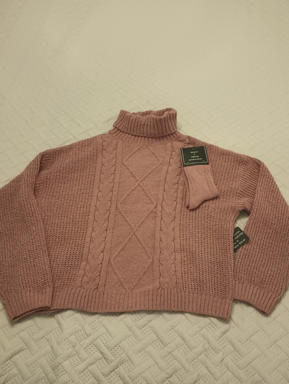 Select+Trend Cable Knit Turtleneck Sweater & Socks in Dusty Rose XL